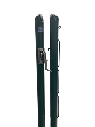 One pair of 2-7/8" round tennis net posts with a black powder coat finish, a stainless steel winder, welded lacing rods for easy net attachment and adjustable net posts collars for setting the correct net post height of 42" above the playing surface.