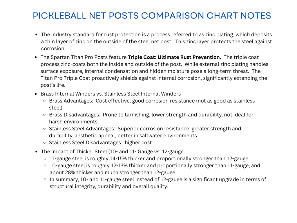 PIckleball net post comparison chart page 2